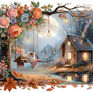 Winter landscape with a house and a cat on a swing. Illustration