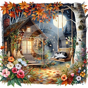 Winter landscape with a house and a cat on a swing. Illustration