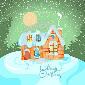 Winter landscape with house on Happy New Year celebration. Greeting card for Merry Christmas in vector
