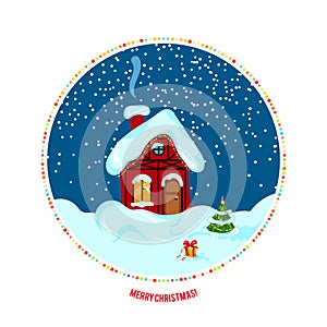 Winter landscape with house on Happy New Year celebration. Greeting card for Merry Christmas in vector