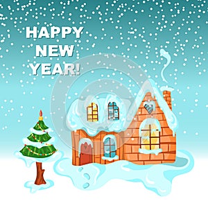 Winter landscape with house on Happy New Year celebration. Greeting card for Merry Christmas in vector