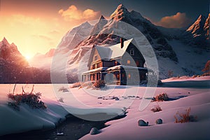 Winter landscape with house and mountain at sunset, generative AI