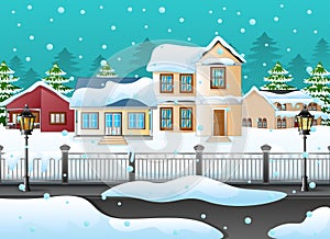 Winter landscape with house and snowy on the street