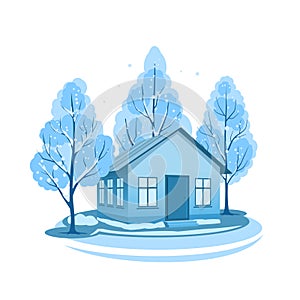 Winter landscape. House surrounded by trees