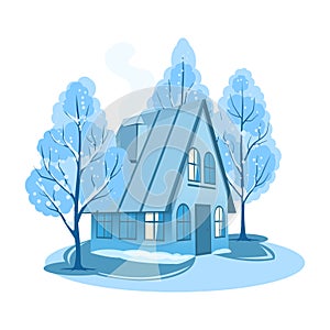 Winter landscape. House surrounded by trees