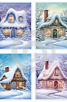 Winter landscape with houses. Set of winter backgrounds.
