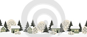 Winter landscape with houses in the snow, fir trees and trees. Seamless border pattern for text. Template, print