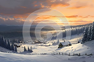 Winter landscape with hut, fence and trees covered with snow.