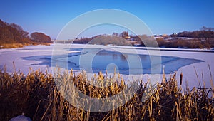 Winter landscape. An ice-hole on the river covered with ice.