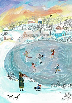 Winter landscape with ice rink. Christmas illustration