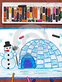 Winter landscape, igloo and snowman
