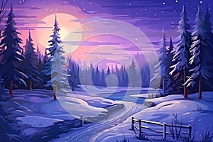 Winter landscape illustration with fir trees along a frozen stream in snow covered forest