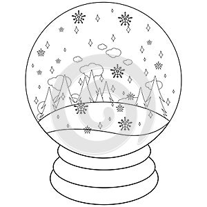 Winter landscape inside a snow globe. Vector black and white coloring page