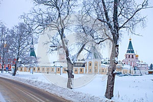 Winter landscape with Iversky monastery.