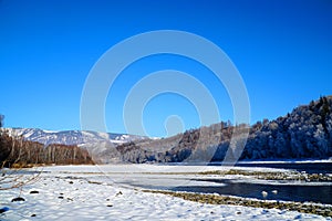 Winter landscape with Katun river at Altai mountains