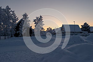 Winter landscape in Kiruna, Lapland, Sweden. Photographed during polar night in december.