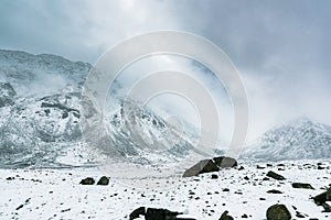 Winter landscape in Ladakh, India, during a snowy day