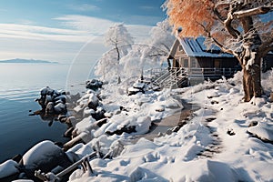 Winter landscape with lake. Abandoned house on the lake shore. The forest is covered with snow. Generative AI Art. Beautiful view