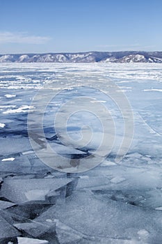 Winter landscape. Lake Baikal near Listvyanka village.