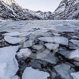 Landscape on a lake during Lofoten islands winter. Snow and ice melting