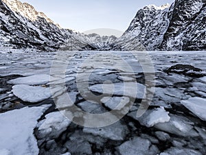 Winter on a lake during Lofoten islands winter. Snow and ice melting