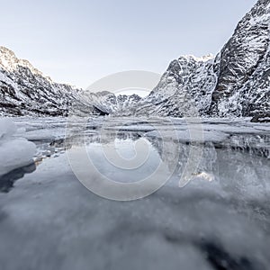 Winter landscape on a lake during Lofoten winter. Snow and ice melting