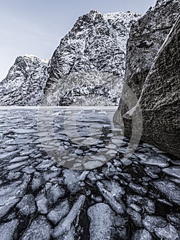 Winter landscape on a lake during Lofoten winter. Snow and ice melting