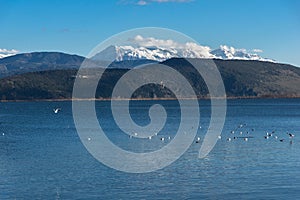 Winter Landscape of Lake Pamvotida and Pindus mountain from city of Ioannina, Epirus, Greece