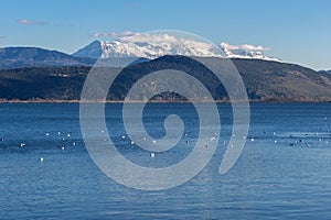 Winter Landscape of Lake Pamvotida and Pindus mountain from city of Ioannina, Epirus, Greece