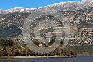 Winter Landscape of Lake Pamvotida and Pindus mountain from city of Ioannina, Epirus, Greece