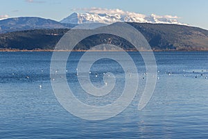 Winter Landscape of Lake Pamvotida and Pindus mountain from city of Ioannina, Epirus, Greece