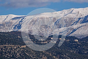 Winter Landscape of Lake Pamvotida and Pindus mountain from city of Ioannina, Epirus, Greece