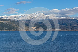 Winter Landscape of Lake Pamvotida and Pindus mountain from city of Ioannina, Epirus, Greece