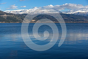 Winter Landscape of Lake Pamvotida and Pindus mountain from city of Ioannina, Epirus, Greece