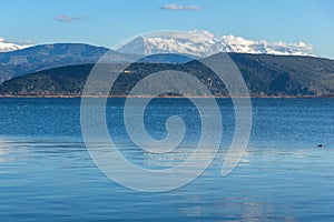 Winter Landscape of Lake Pamvotida and Pindus mountain from city of Ioannina, Epirus, Greece