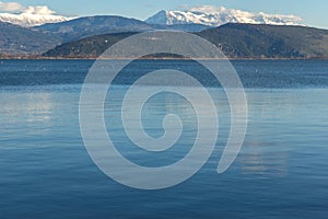 Winter Landscape of Lake Pamvotida and Pindus mountain from city of Ioannina, Epirus, Greece