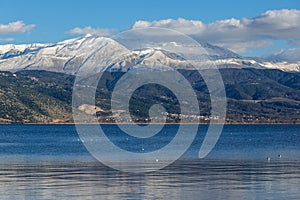 Winter Landscape of Lake Pamvotida and Pindus mountain from city of Ioannina, Epirus, Greece