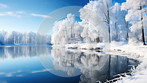 Winter landscape with a lake and trees covered with hoarfrost