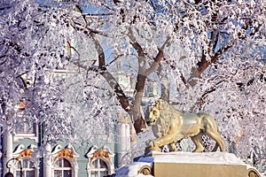 Winter landscape with lion in Saint-Petersburg, Russia