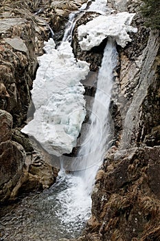 Winter landscape of Lolaia Waterfall in Retezat National Park, Romania