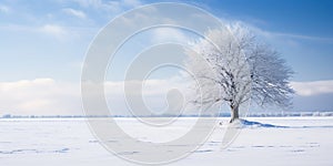 Winter landscape with a lonely tree in the middle of a snowy field