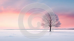 Winter landscape with lonely tree on the snow-covered field at sunset