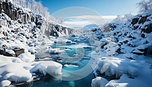 Winter landscape Majestic mountains, frozen water, tranquil scene, beauty in nature generated by AI