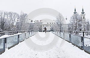 Winter landscape with Mariahilfer church in the background, in the city center of Graz, Steiermark region, Austria, in a beautiful