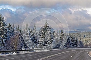 Winter landscape and motorway in Harz mountains