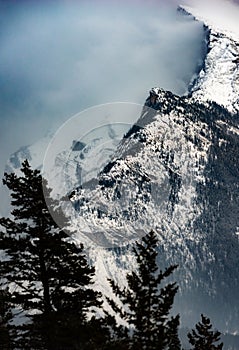 Winter Landscape Mount Rundle rises majestically, its crest covered in a beautiful, thick fog Banff National Park Alberta Canada