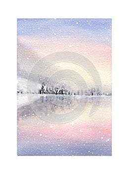 Winter landscape with mountain, christmas trees forest, lake with reflection on water. Watercolor snowy illustration for posters,