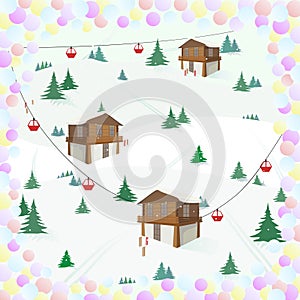 Winter landscape with mountain house, trees, cable car, skis in a frame of confetti. Recreation. Ski holidays.