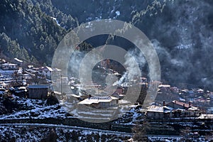 Winter landscape from the mountain range of Pindos and the villa