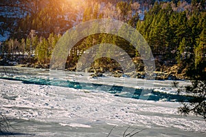 Winter landscape, mountain river valley. Turquoise river runs among snow-covered banks with coniferous forest on sunny January day